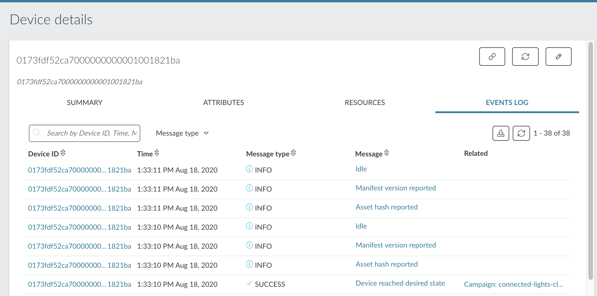 The device's events log page